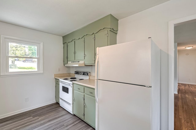 114 Cave Springs Dr, Lancaster, KY 40444 - kitchen featuring white appliances, under cabinet range hood, wood finished floors, and green cabinets