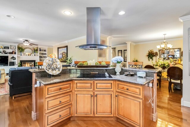 kitchen with light wood finished floors, island exhaust hood, open floor plan, a kitchen island with sink, and black electric cooktop