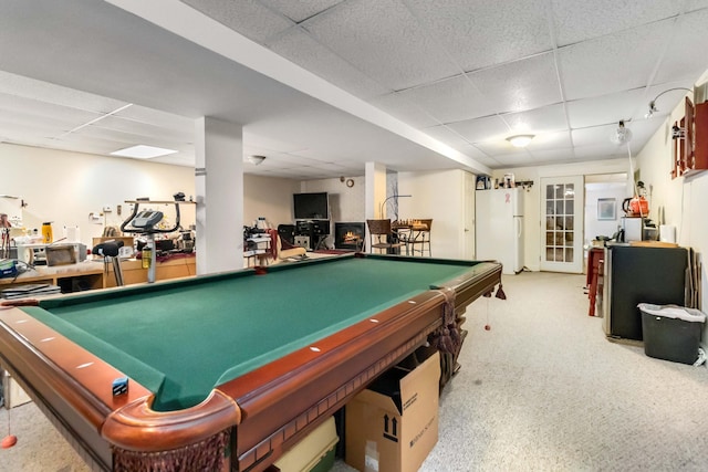 rec room with a paneled ceiling and pool table