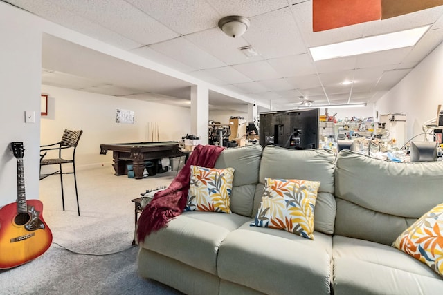 living area with a drop ceiling, billiards, and carpet floors