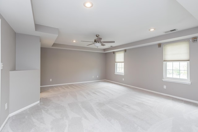 spare room featuring baseboards, ceiling fan, recessed lighting, and visible vents