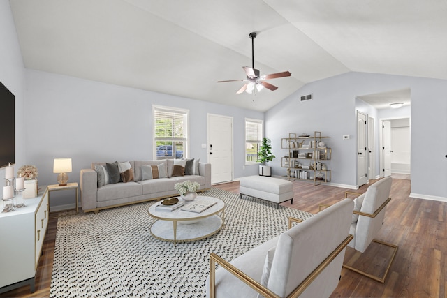 1008 Alexandria Dr, Lawrenceburg, KY 40342 - living area with wood finished floors, a ceiling fan, visible vents, baseboards, and lofted ceiling