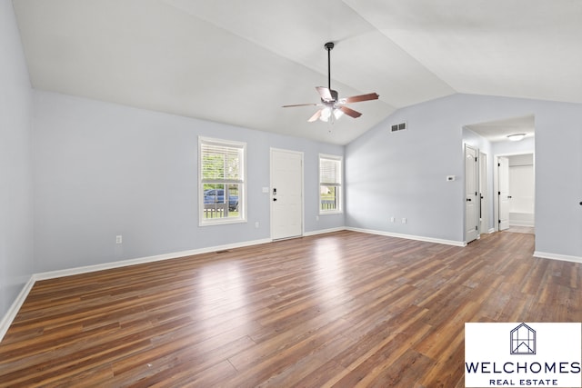 1008 Alexandria Dr, Lawrenceburg, KY 40342 - unfurnished living room featuring wood finished floors, visible vents, baseboards, ceiling fan, and lofted ceiling