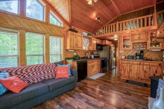 kitchen featuring wood walls, dark wood-style floors, high vaulted ceiling, a sink, and black appliances