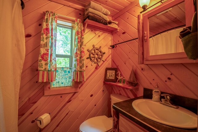bathroom featuring toilet, wood walls, and vanity