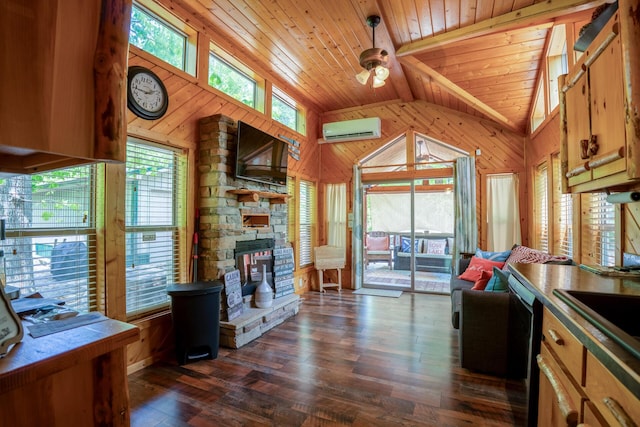 living room featuring wood walls, ceiling fan, dark wood-style floors, a wall mounted AC, and wooden ceiling
