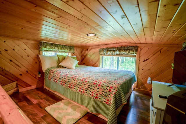 bedroom featuring wooden walls, wooden ceiling, and hardwood / wood-style floors