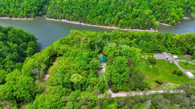 bird's eye view with a water view and a view of trees