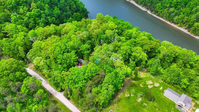 drone / aerial view featuring a water view and a view of trees