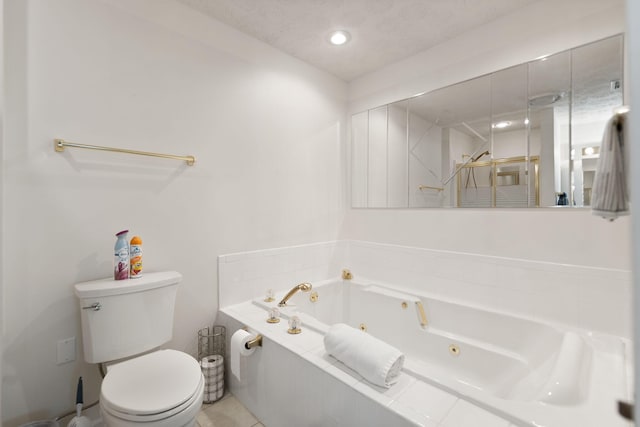 bathroom with a whirlpool tub, recessed lighting, walk in shower, and toilet