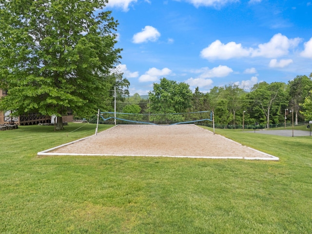 surrounding community featuring volleyball court and a lawn