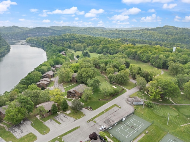 bird's eye view with a water view and a forest view