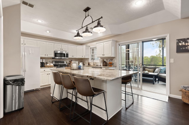 kitchen featuring light stone countertops, appliances with stainless steel finishes, a raised ceiling, white cabinetry, and visible vents