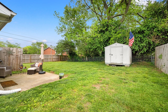 view of yard with a fenced backyard, a storage unit, a patio, and an outdoor structure