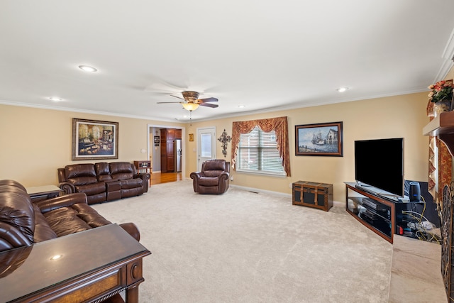 107 Highview Dr, Midway, KY 40347 - carpeted living room with a ceiling fan, recessed lighting, and ornamental molding