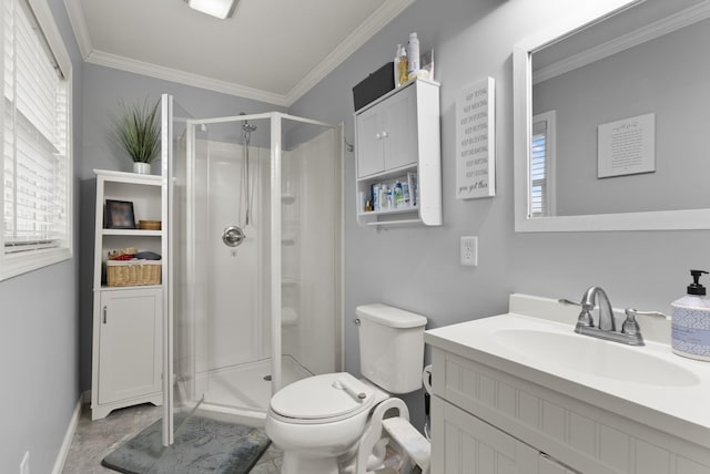 220 Garden Ave, Stanford, KY 40484 - bathroom featuring crown molding, toilet, a healthy amount of sunlight, and a stall shower