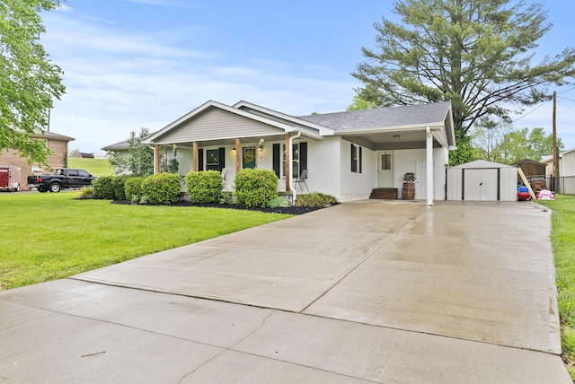 220 Garden Ave, Stanford, KY 40484 - ranch-style home featuring a storage shed, a porch, a front yard, concrete driveway, and a carport