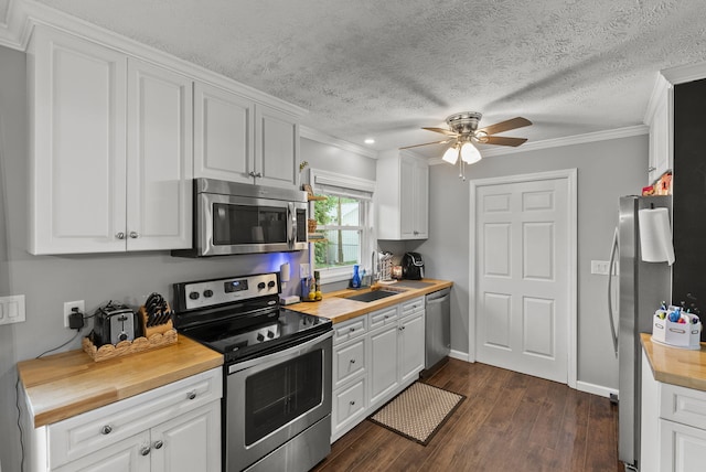 220 Garden Ave, Stanford, KY 40484 - kitchen with ceiling fan, butcher block counters, stainless steel appliances, white cabinetry, and dark wood-type flooring