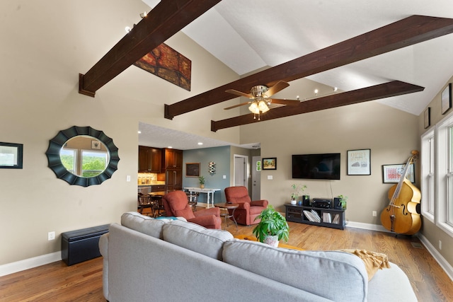 7314 Blue Level Rd, Rockfield, KY 42274 - living area featuring ceiling fan, light wood finished floors, recessed lighting, baseboards, and vaulted ceiling with beams