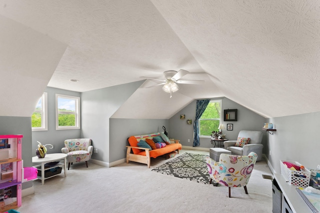 7314 Blue Level Rd, Rockfield, KY 42274 - carpeted bedroom with a textured ceiling, ceiling fan, baseboards, and lofted ceiling