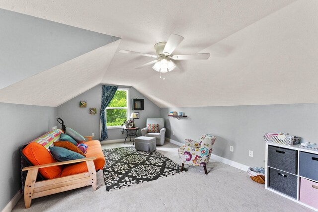 7314 Blue Level Rd, Rockfield, KY 42274 - playroom with carpet floors, baseboards, ceiling fan, and vaulted ceiling