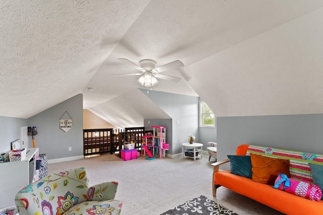 7314 Blue Level Rd, Rockfield, KY 42274 - recreation room with a ceiling fan, a textured ceiling, baseboards, carpet floors, and lofted ceiling