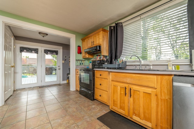 363 S Main St, Winchester, KY 40391 - kitchen featuring dishwashing machine, french doors, a sink, electric range, and under cabinet range hood