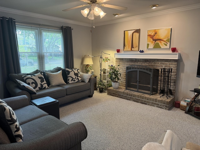 carpeted living room with crown molding, ceiling fan, and a fireplace