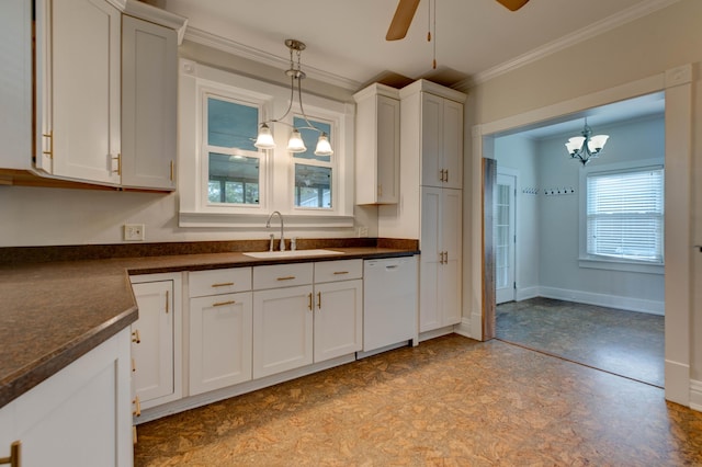 kitchen with a sink, dark countertops, ornamental molding, and dishwasher