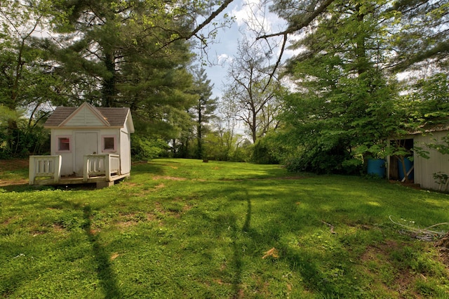 view of yard featuring an outbuilding and a storage unit