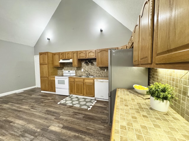 187 Sinnette, Greenup, KY 41144 - kitchen featuring a sink, white appliances, tile counters, dark wood finished floors, and under cabinet range hood