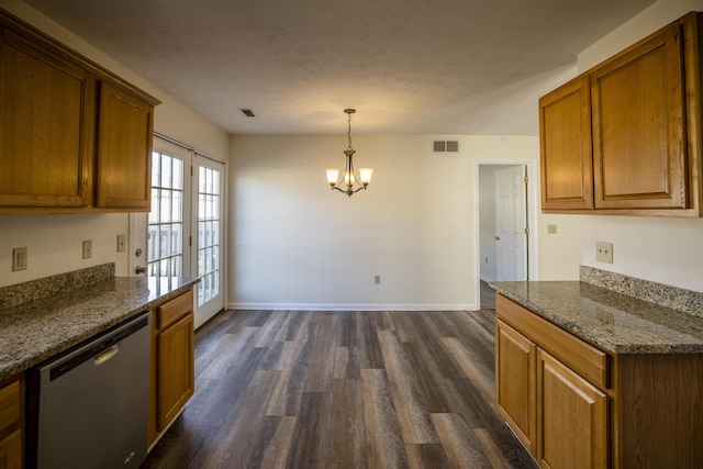 108 Sturbridge Ln, Winchester, KY 40391 - kitchen with stainless steel dishwasher, dark wood finished floors, brown cabinets, a chandelier, and baseboards