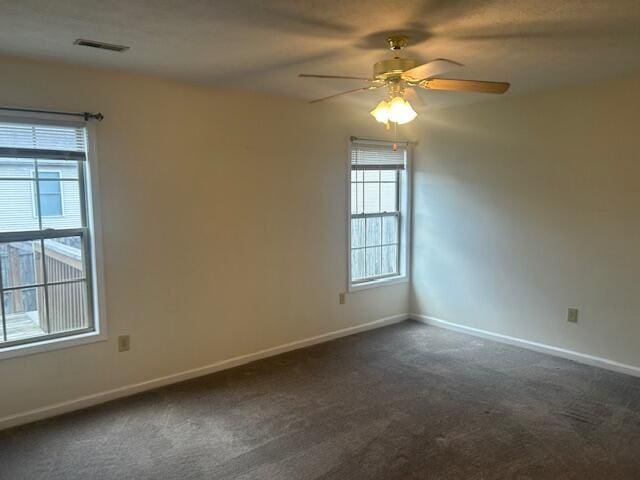 empty room featuring dark colored carpet, a ceiling fan, baseboards, and visible vents