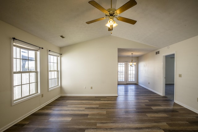 108 Sturbridge Ln, Winchester, KY 40391 - empty room with a chandelier, lofted ceiling, dark wood-style floors, baseboards, and ceiling fan