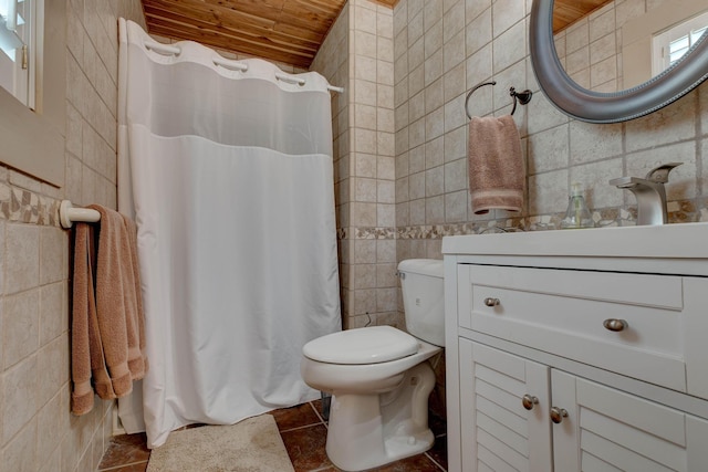 full bath featuring vanity, curtained shower, tile walls, wood ceiling, and tile patterned floors