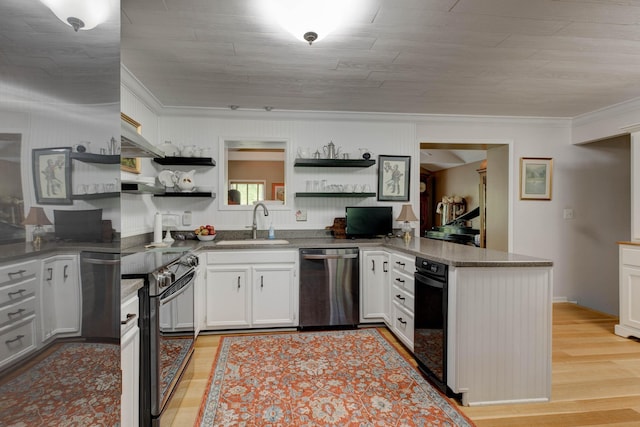 kitchen featuring crown molding, open shelves, black range with electric stovetop, dishwasher, and a sink