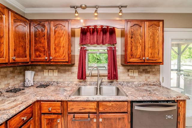 kitchen featuring stainless steel dishwasher, a sink, brown cabinetry, and backsplash