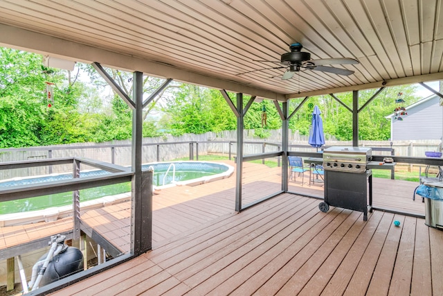 deck featuring ceiling fan, a grill, a fenced backyard, a fenced in pool, and outdoor dining space