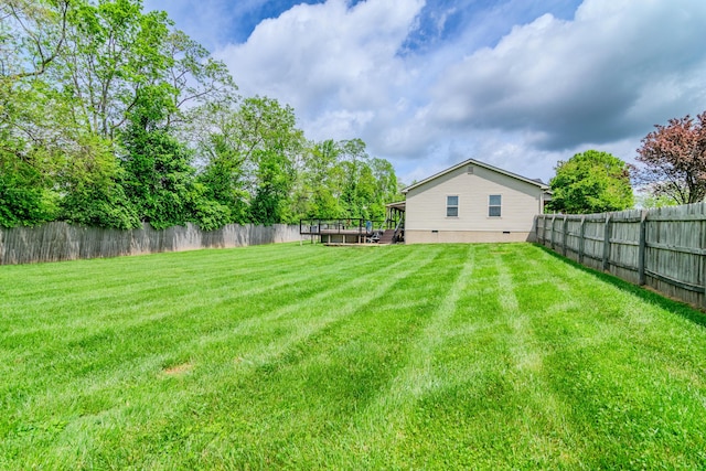 view of yard featuring a wooden deck and a fenced backyard