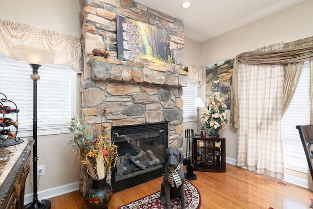 living area featuring plenty of natural light, baseboards, wood finished floors, and a fireplace