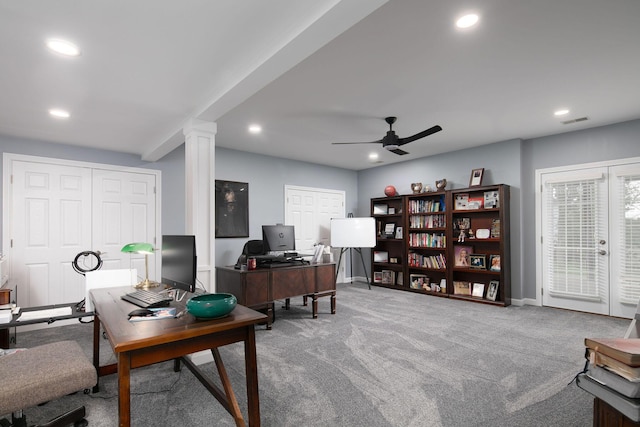home office featuring ornate columns, a ceiling fan, carpet flooring, recessed lighting, and baseboards