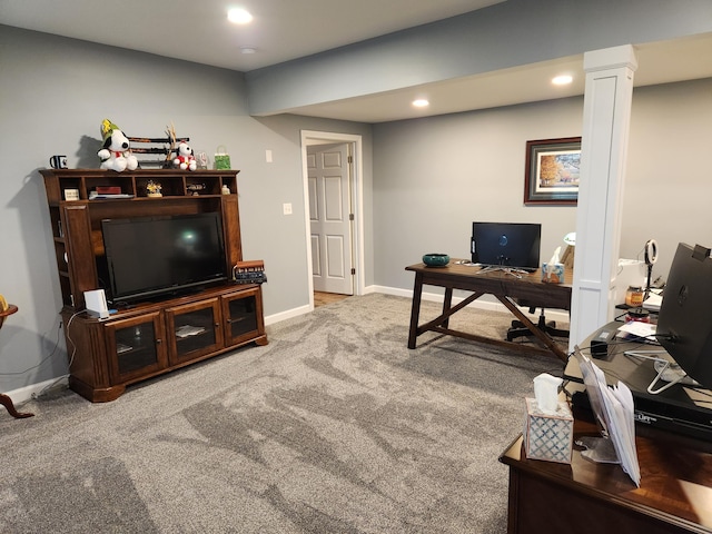 carpeted office with recessed lighting and baseboards