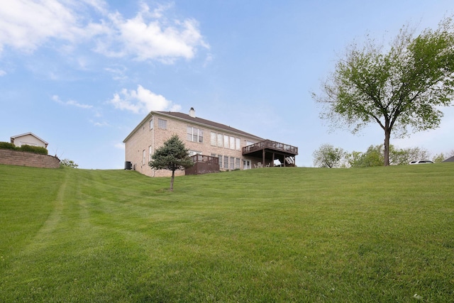 view of green lawn featuring a wooden deck