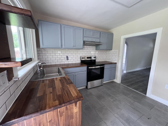 422 Wilderness Rd, Middlesboro, KY 40965 - kitchen featuring stainless steel range with electric cooktop, a sink, butcher block countertops, decorative backsplash, and under cabinet range hood