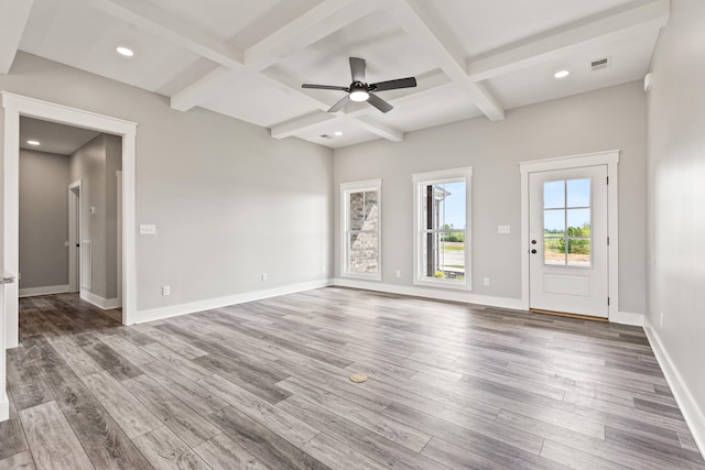 unfurnished living room with beamed ceiling, visible vents, wood finished floors, and coffered ceiling