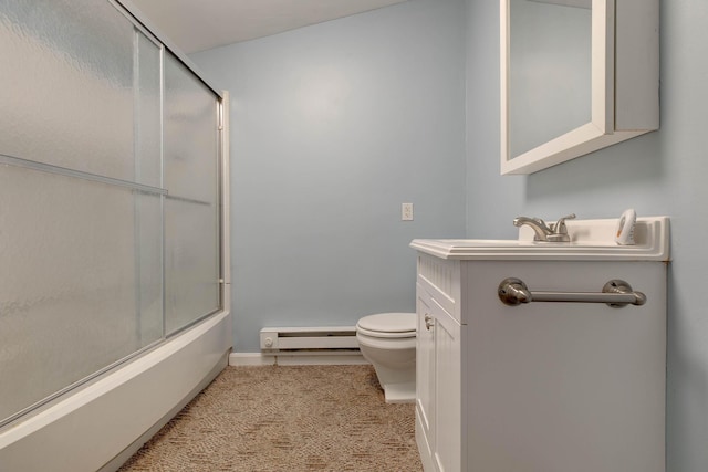 bathroom with baseboard heating, toilet, enclosed tub / shower combo, baseboards, and a sink