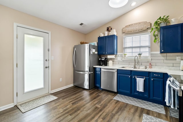 kitchen with stainless steel appliances, blue cabinets, a sink, and dark wood-style flooring