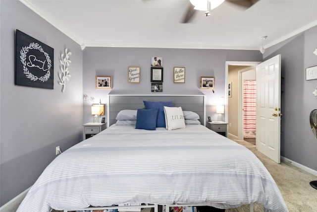 bedroom with crown molding, light carpet, ceiling fan, and baseboards