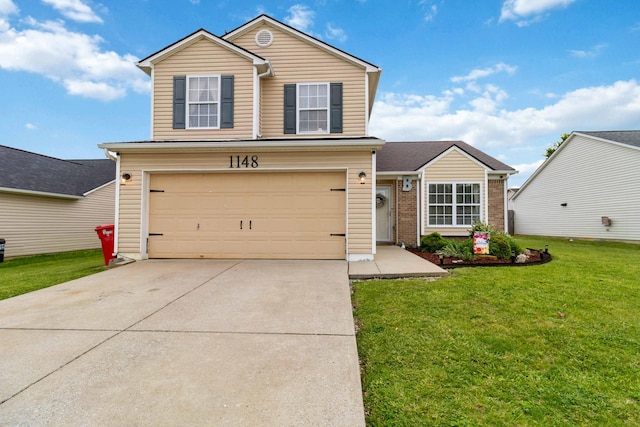 traditional-style house featuring an attached garage, driveway, and a front yard