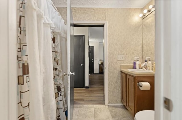 2745 Farris Branch Rd, Wallingford, KY 41093 - full bath with vanity, tile patterned floors, a shower with shower curtain, and a textured ceiling